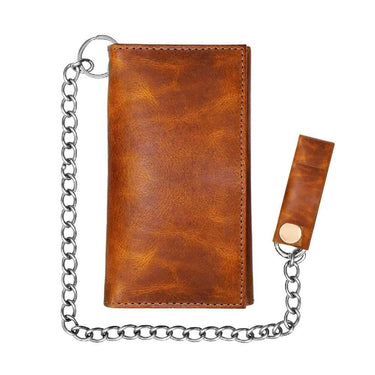 Front view of Legendary horsehide biker long wallet in brown with attached chain and snap closure, made in USA