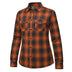 Legendary No Life series women’s black and brown flannel shirt front view on white background