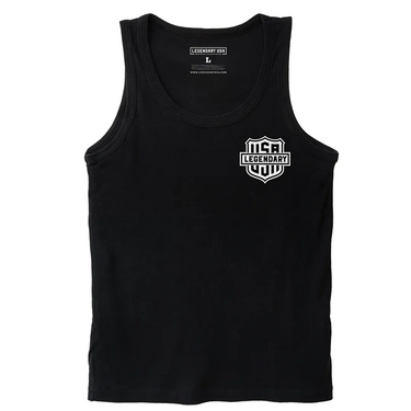 Front view of Legendary USA black motorcycle tank top with USA Legendary shield logo on chest