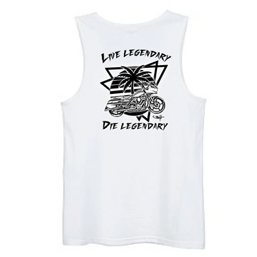 Back view of Legendary USA white motorcycle tank top with Live Legendary Die Legendary graphic featuring motorcycle and palm tree design