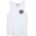 Front view of Legendary USA white motorcycle tank top with USA Legendary shield logo on chest
