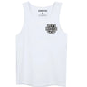 Front view of Legendary USA white motorcycle tank top with USA Legendary shield logo on chest