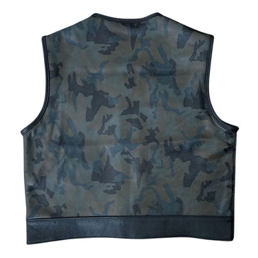 Back view of Legendary LowLife Camo leather motorcycle vest showing full camo leather panel and cropped club-style fit, made in USA