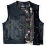 Interior view of Legendary LowLife Camo leather motorcycle vest showing camo mesh lining, full zipper and snap closure, made in USA