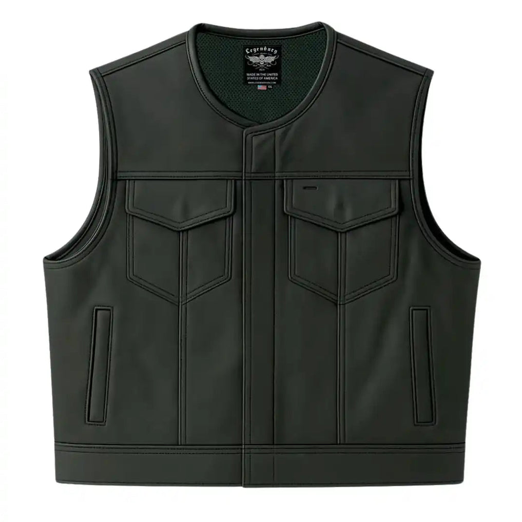 Front view of Legendary LowLife cropped leather motorcycle vest with dual concealed carry pockets, made in USA