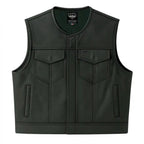Front view of Legendary LowLife cropped leather motorcycle vest with dual concealed carry pockets, made in USA