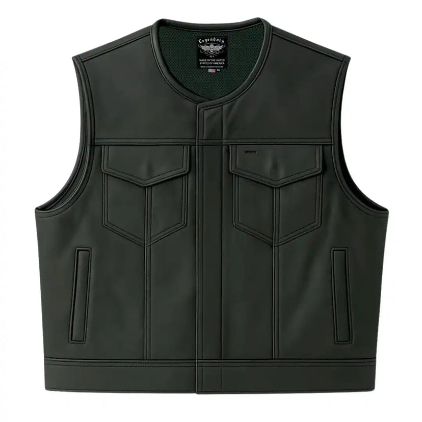 Front view of Legendary LowLife cropped leather motorcycle vest with dual concealed carry pockets, made in USA