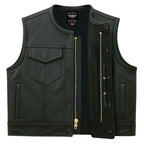 Legendary LowLife leather vest shown open to display mesh liner and zipper snaps, made in USA
