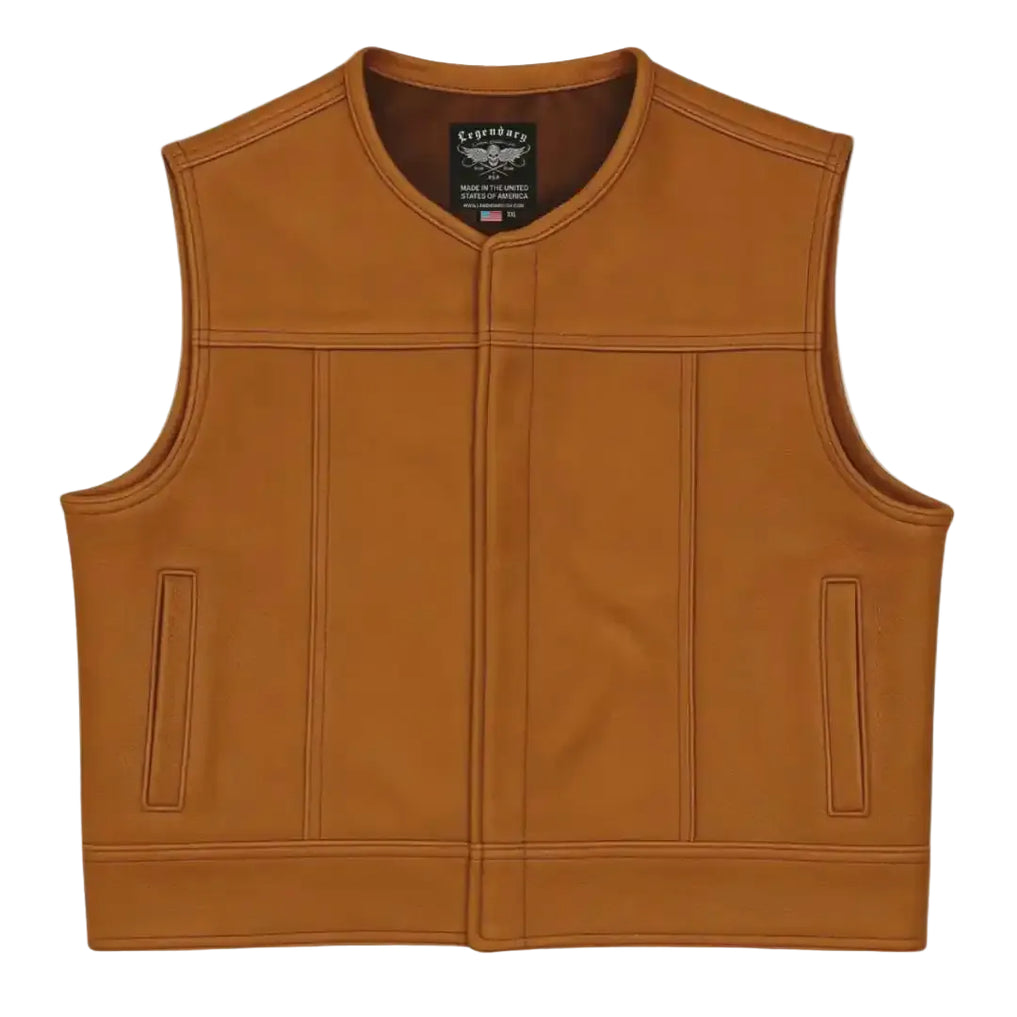 Front view of Legendary LowLife NCP cropped fitted motorcycle vest in American bison leather, made in USA