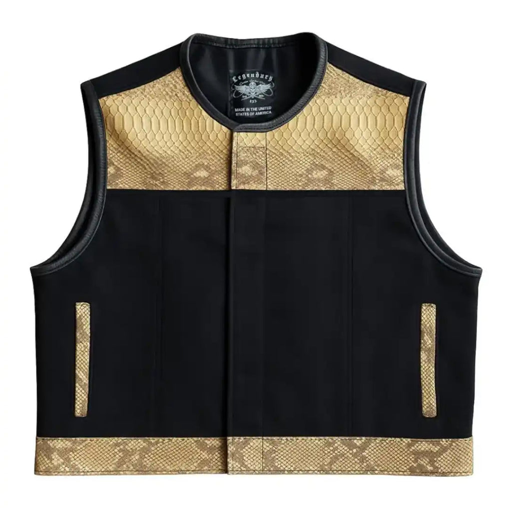 Front view of Legendary LowLife NCP American Python and black canvas club style motorcycle vest with exotic trim, made in USA