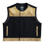 Front view of Legendary LowLife NCP American Python and black canvas club style motorcycle vest with exotic trim, made in USA
