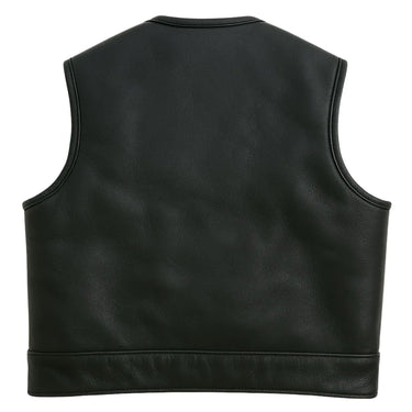 Rear view of Legendary LowLife NCP black cropped leather motorcycle vest, minimalist design, made in USA