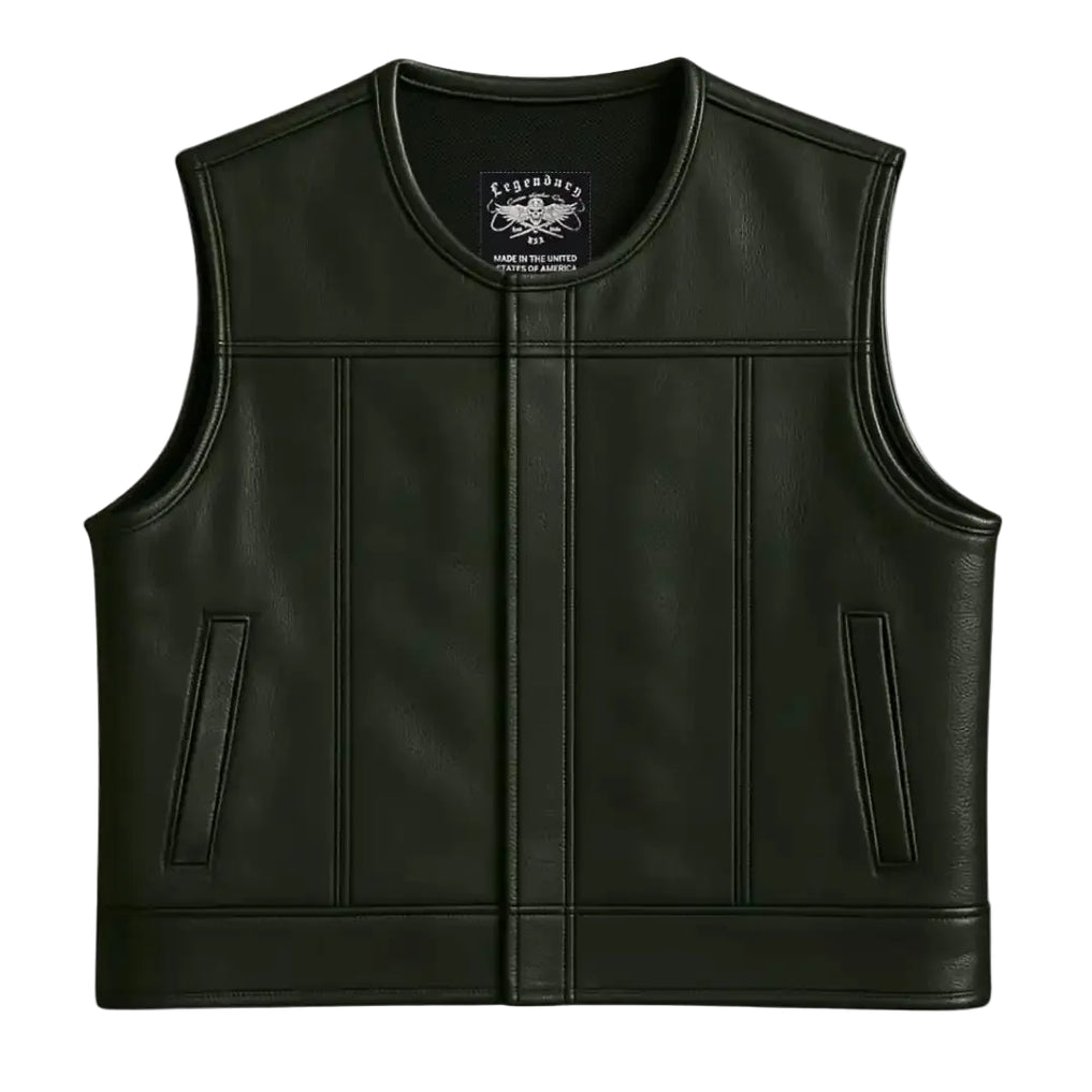 Cropped front view of Legendary LowLife NCP black leather motorcycle club vest with clean lines and no collar, made in USA