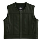 Cropped front view of Legendary LowLife NCP black leather motorcycle club vest with clean lines and no collar, made in USA