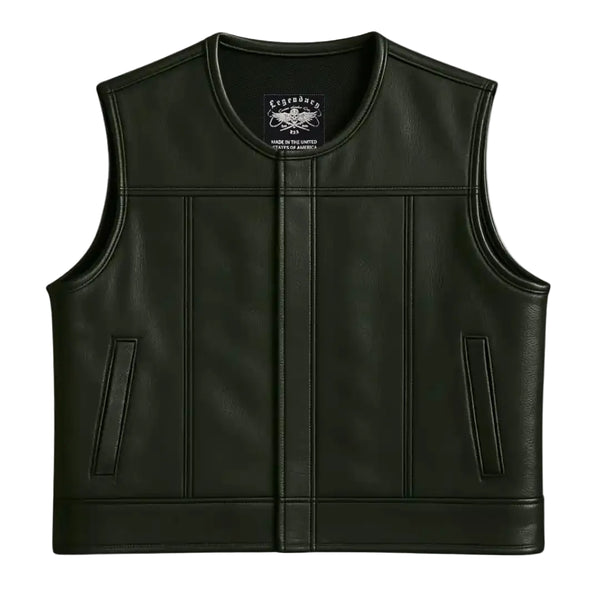 Cropped front view of Legendary LowLife NCP black leather motorcycle club vest with clean lines and no collar, made in USA