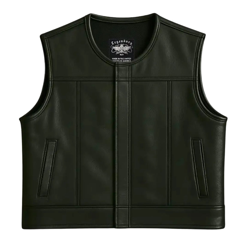 Cropped front view of Legendary LowLife NCP black leather motorcycle club vest with clean lines and no collar, made in USA