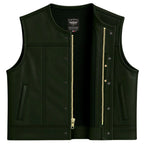 Legendary LowLife NCP black leather club style vest with front zipper and snaps shown open, perforated liner visible, made in USA