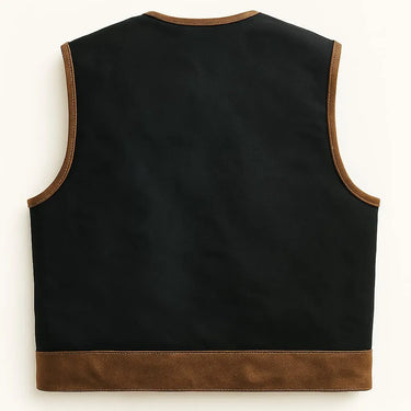 Back view of Legendary LowLife Canvas and Leather Cropped Motorcycle Vest in black with brown trim, made in USA