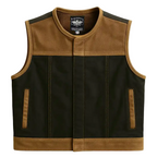 Front view of Legendary LowLife NCP Canvas and Leather Motorcycle Vest in tobacco brown and black combo, made in USA