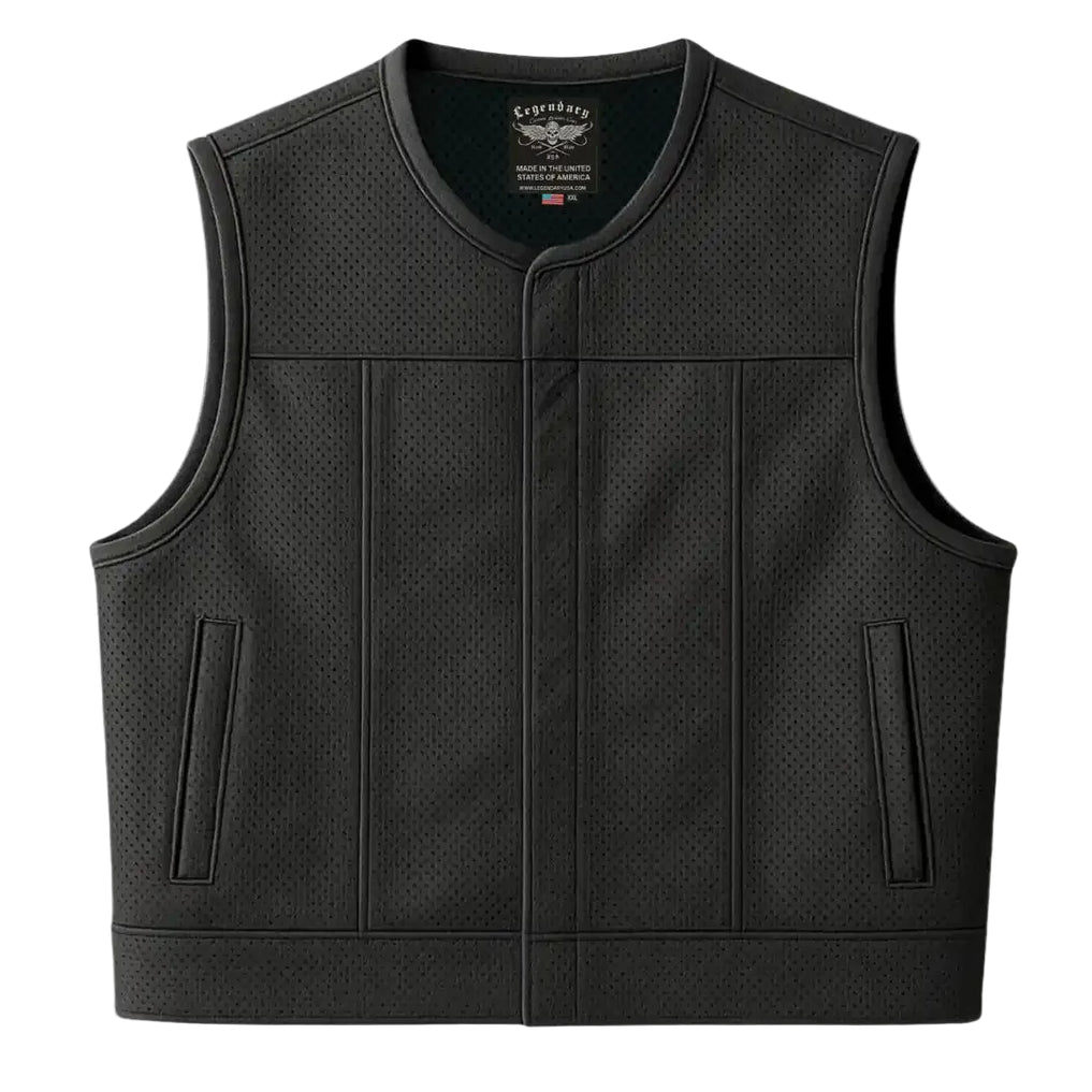 Front view of Legendary LowLife NCP Perforated Leather Motorcycle Vest, cropped and fitted club style, Made in USA