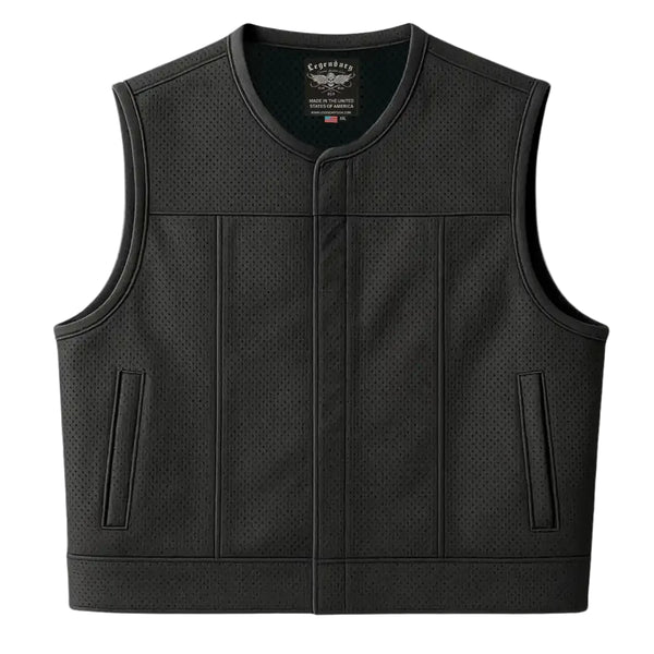 Front view of Legendary LowLife NCP Perforated Leather Motorcycle Vest, cropped and fitted club style, Made in USA