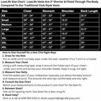 Size chart for Legendary LowLife vests including chest, stomach, shoulder, and back length dimensions, made in USA