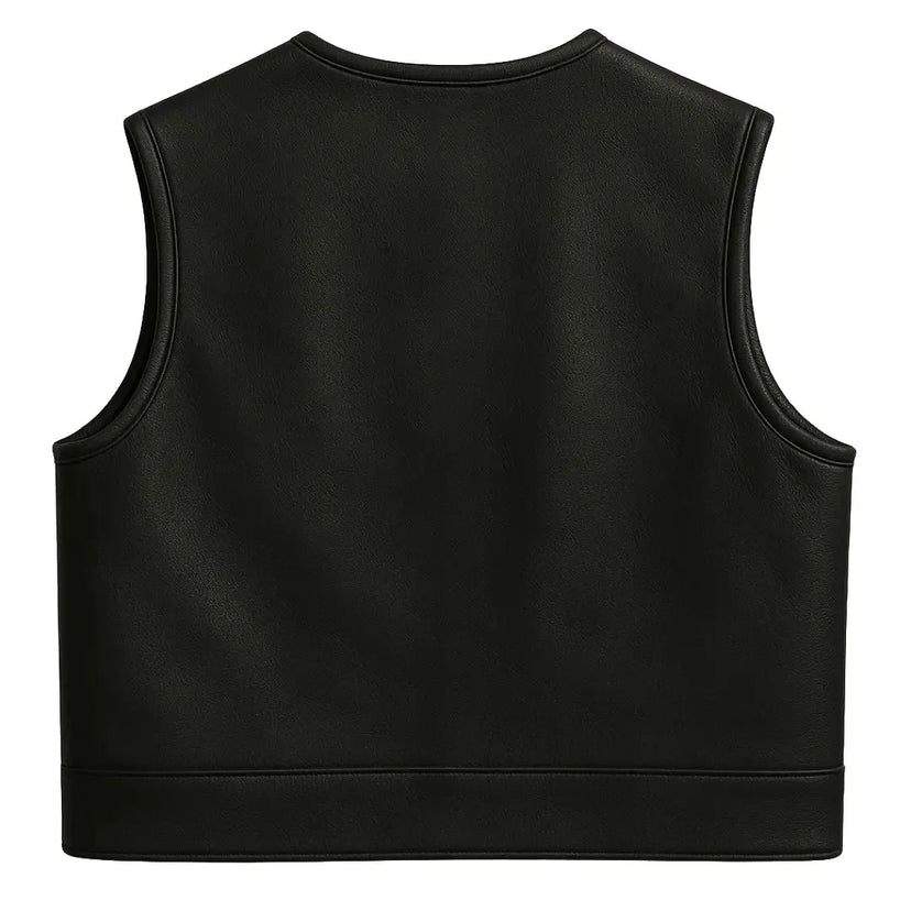 Back view of Legendary LowLife NOP Black Leather Motorcycle Vest with clean panel ideal for patches, made in USA