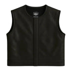 Front view of Legendary LowLife NOP Black Leather Motorcycle Vest with clean collarless design and concealed snaps, made in USA