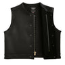 Legendary LowLife NOP Black Leather Motorcycle Vest shown open to display premium mesh liner and heavy-duty zipper, made in USA