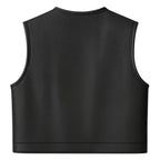 Back view of Legendary LowLife NOP perforated black leather motorcycle vest showing breathable full back panel and fitted silhouette, made