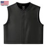 Front view of Legendary LowLife NOP cropped perforated black leather motorcycle vest with clean design and modern club style fit, made in USA
