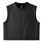 Front view of Legendary LowLife NOP cropped perforated black leather motorcycle vest with clean design and modern club style fit, made in