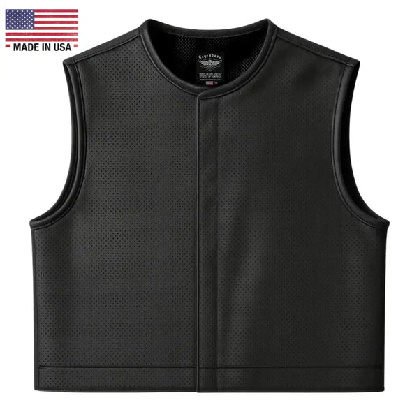 Front view of Legendary LowLife NOP cropped perforated black leather motorcycle vest with clean design and modern club style fit, made in
