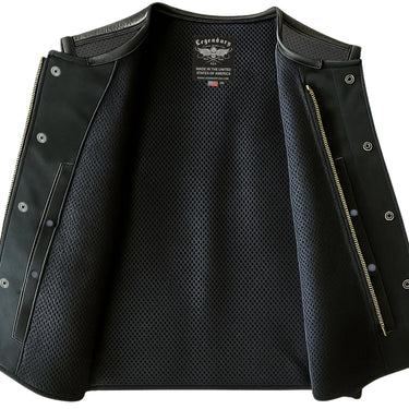 Interior view of Legendary LowLife NOP perforated black leather motorcycle vest featuring premium mesh liner, double zipper front, and craftsmanship label, made in USA
