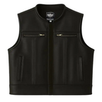 View of Legendary Lowlife Z black cropped leather motorcycle vest with two chest zipper pockets and hand pockets, made in USA