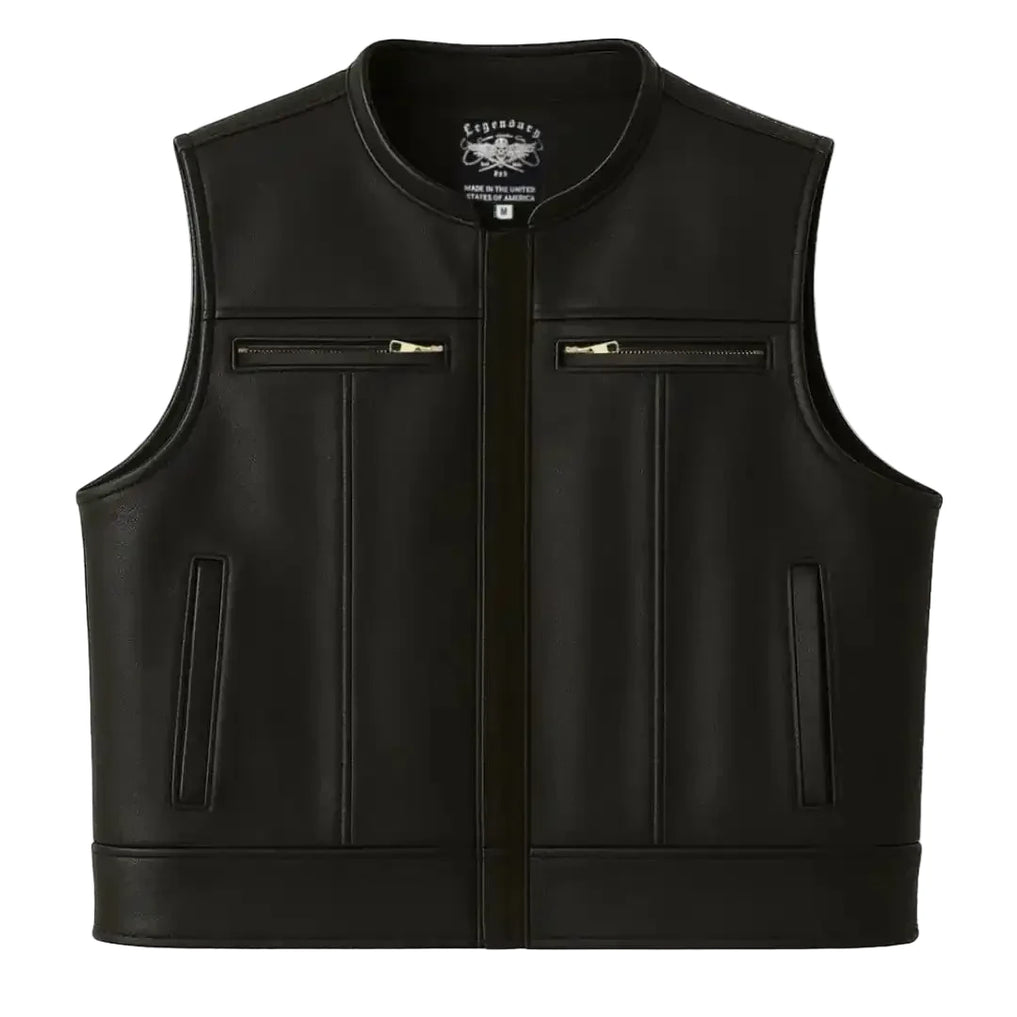 View of Legendary Lowlife Z black cropped leather motorcycle vest with two chest zipper pockets and hand pockets, made in USA