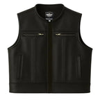 View of Legendary Lowlife Z black cropped leather motorcycle vest with two chest zipper pockets and hand pockets, made in USA