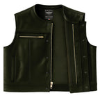 Interior view of Legendary Lowlife Z black leather motorcycle vest showing zipper and mesh lining, made in USA