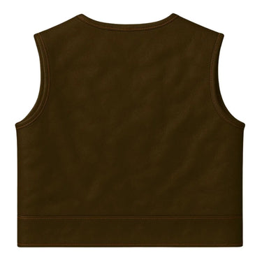 Back view of dark chocolate Lowlife Z leather motorcycle vest, minimalist club style design, made in USA