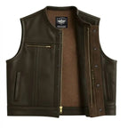 Cropped fitted dark chocolate leather motorcycle vest with snap and zip front closure, made in USA