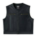 Front view of Legendary LowLife Z perforated leather motorcycle vest in black with brass zipper chest pockets and cropped fit, made in USA