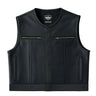 Front view of Legendary LowLife Z perforated leather motorcycle vest in black with brass zipper chest pockets and cropped fit, made in USA