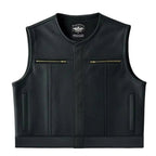 Front view of Legendary LowLife Z perforated leather motorcycle vest in black with brass zipper chest pockets and cropped fit, made in USA