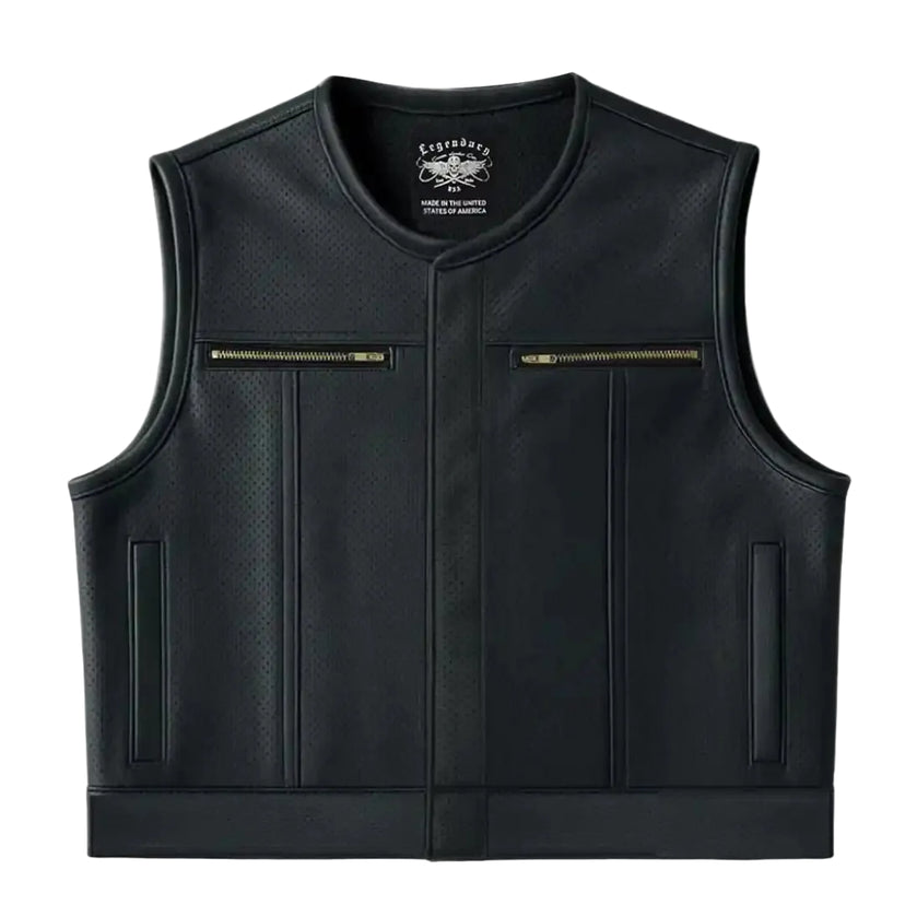 Front view of Legendary LowLife Z perforated leather motorcycle vest in black with brass zipper chest pockets and cropped fit, made in USA