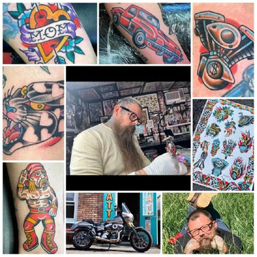 Collage of tattoo artist Sam Hambrick and his artwork featured on Legendary Mama black t-shirt, Made in USA