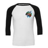 Main view of Legendary Mama 3/4 sleeve raglan top in white with black sleeves, featuring tattoo-style heart and rose design by Sam Hambrick, Made in USA
