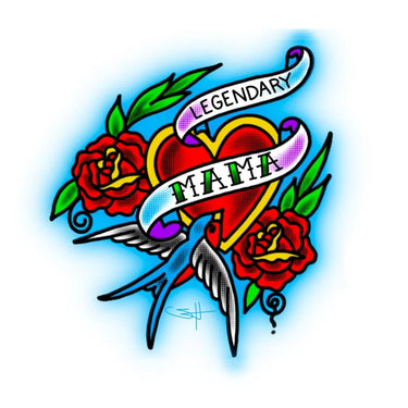 Close-up of Legendary Mama heart and roses tattoo graphic designed by Sam Hambrick, printed on chest, Made in USA