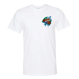 Front view of the white Legendary Mama women's T-shirt featuring tattoo-style artwork by Sam Hambrick on chest, Made in USA