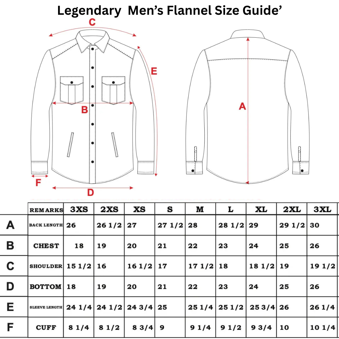 Legendary flannel shirt size guide with measurement diagram and fit notes on white background