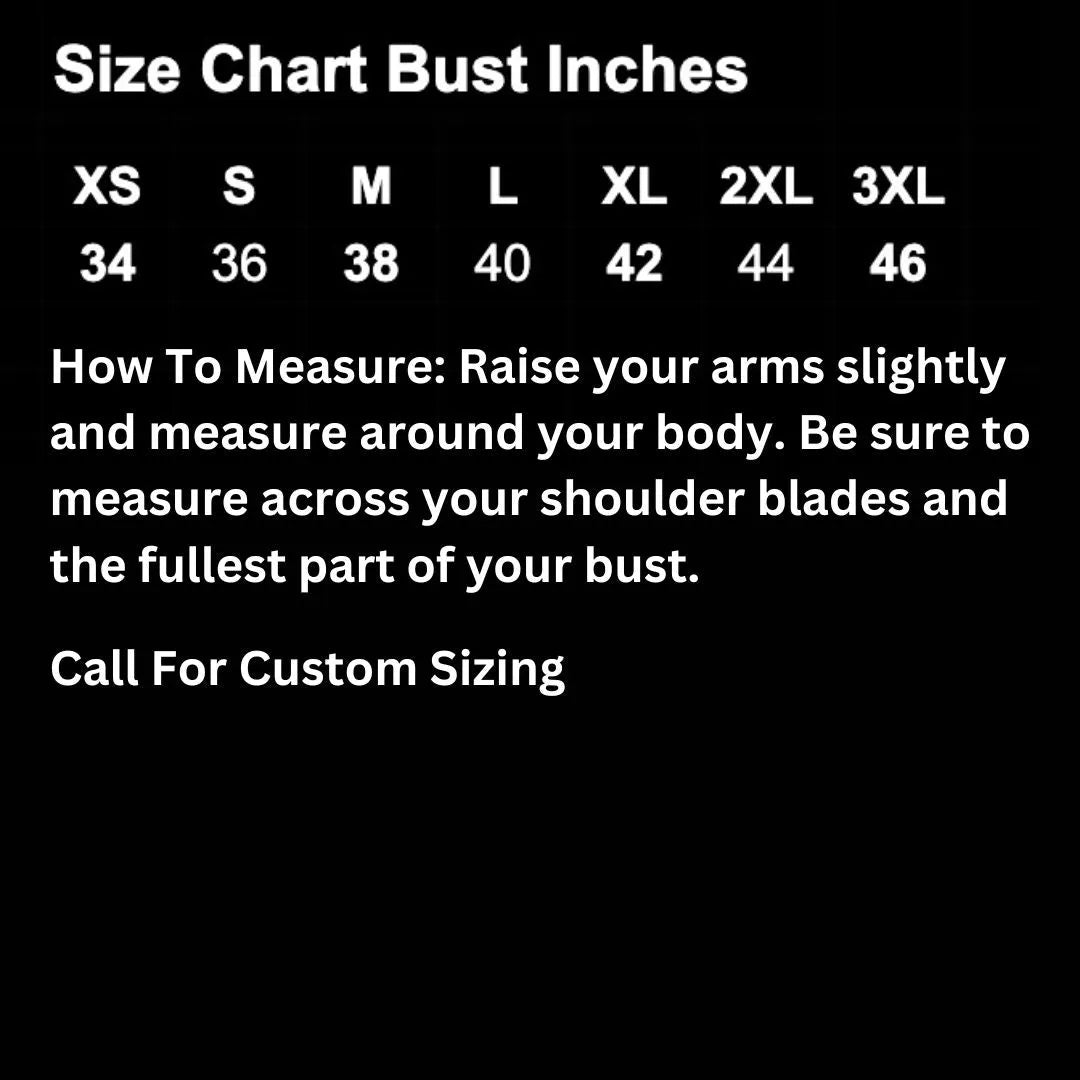 Size chart for Legendary Miss America women's leather jacket with bust measurements and fitting guide